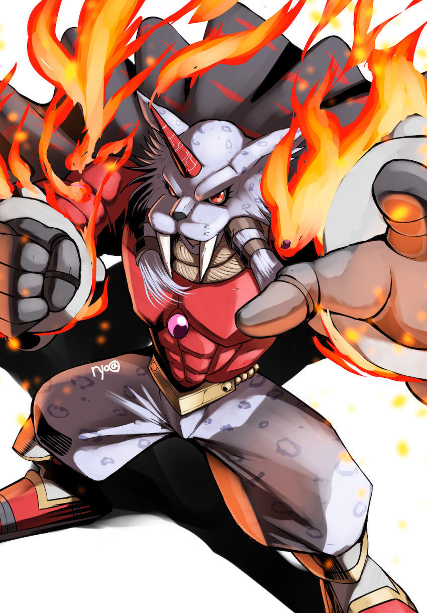 1boy clenched_hand digimon digimon_(creature) fire grey_pants highres horns looking_at_viewer male_focus marsmon muscular muscular_male pants ryo@ single_horn solo standing tusks