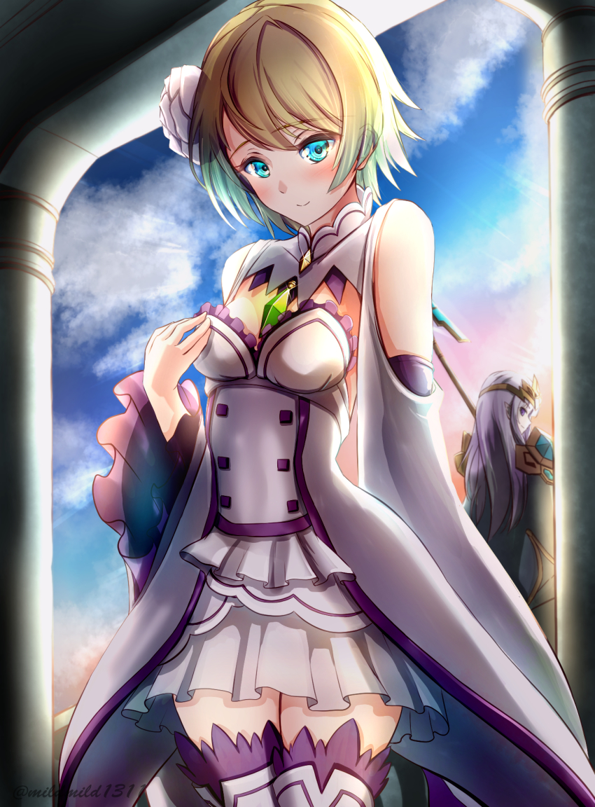 2girls alternate_costume arm_behind_back armor back bad_id bad_pixiv_id bare_shoulders blonde_hair blue_cape blue_eyes blue_hair blue_sky blush breasts cape clear_glass_(mildmild1311) cleavage closed_mouth cloud commentary_request cosplay costume_switch crossover day detached_collar detached_sleeves dress ears_visible_through_hair emilia_(re:zero) emilia_(re:zero)_(cosplay) fire_emblem fire_emblem_heroes fjorm_(fire_emblem) fjorm_(fire_emblem)_(cosplay) flower frilled_dress frilled_skirt frills gradient_hair hair_between_eyes hair_flower hair_ornament hand_on_own_chest highres holding holding_polearm holding_spear holding_weapon jake_brito jewelry long_hair looking_at_viewer looking_back multicolored_hair multiple_girls nintendo pendant pillar pointy_ears polearm purple_eyes re:zero_kara_hajimeru_isekai_seikatsu rose short_hair shoulder_armor silver_hair skirt sky small_breasts smile spear takahashi_rie thighhighs tiara trait_connection twitter_username voice_actor_connection weapon white_dress white_flower white_rose white_skirt white_sleeves wide_sleeves