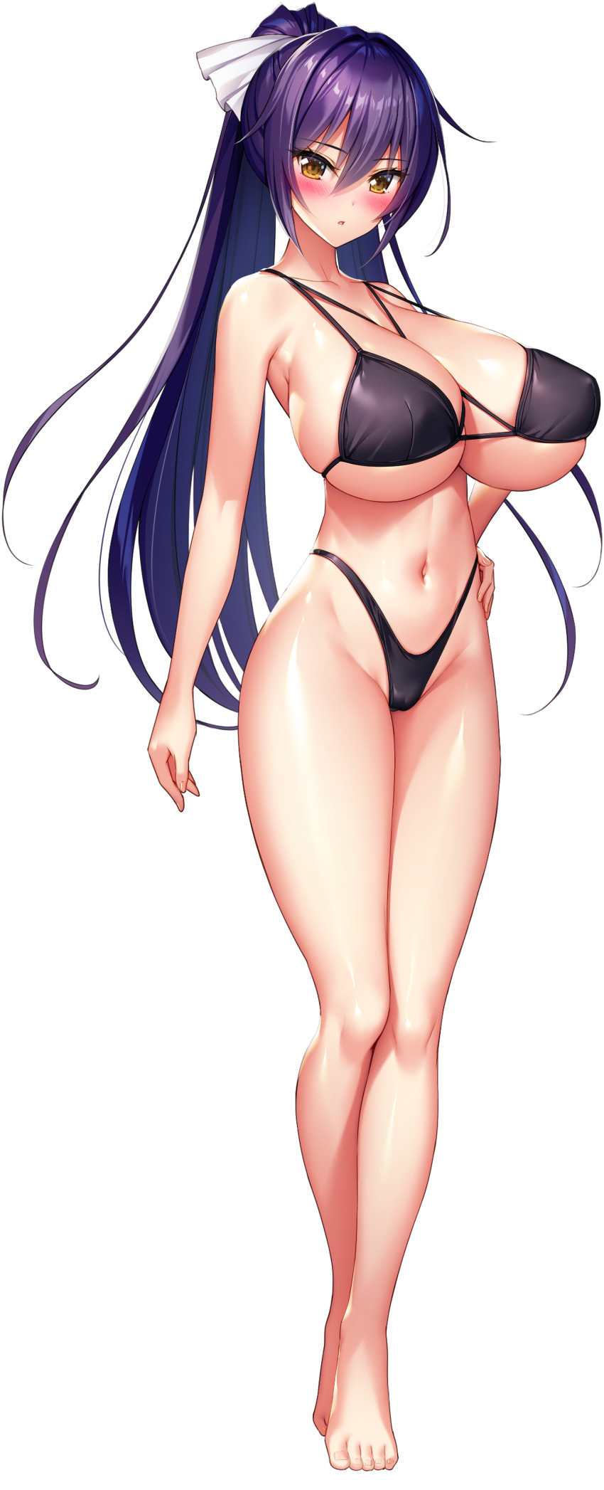 1girl absurdres barefoot bikini black_bikini blush breasts cleavage closed_mouth derauea dot_mouth full_body game_cg hair_ribbon hand_on_own_hip high_ponytail highres huge_breasts long_hair milk_factory minase_maya motto!_haramase!_honoo_no_oppai_chou_ero_appli_gakuen! navel non-web_source official_art ponytail purple_hair ribbon sidelocks skindentation solo sprite sprite_art standing swimsuit tachi-e thong_bikini transparent_background white_ribbon yellow_eyes