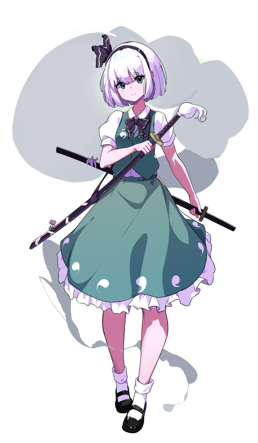 1girl absurdres artist_request black_bow black_bowtie black_hairband black_shoes bow bowtie closed_mouth collared_shirt commentary commentary_request english_commentary flower frilled_skirt frills full_body green_eyes green_skirt green_vest hairband highres hitodama hitodama_print holding holding_sword holding_weapon katana konpaku_youmu konpaku_youmu_(ghost) looking_at_viewer mary_janes mixed-language_commentary multiple_swords pink_flower psd_available puffy_short_sleeves puffy_sleeves second-party_source sheath sheathed shirt shoes short_hair short_sleeves skirt skirt_set smile socks solo split_mouth sword tachi-e touhou transparent_background vest weapon white_hair white_shirt white_socks