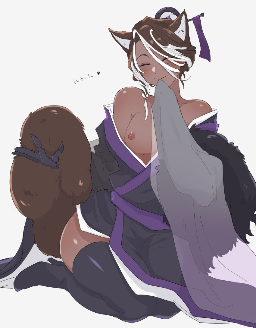 1boy affogato_cookie animal_ear_fluff animal_ears ass black_boa black_fur black_hanbok black_hanfu black_robe blush boots braid brown_hair cat_boy cat_ears cat_tail chinese_clothes closed_eyes closed_mouth cookie_run dark-skinned_male dark_skin eyeshadow feather_boa full_body fur_boa fur_trim gloves hair_ornament hair_over_one_eye hanbok hand_to_own_mouth hanfu high_heel_boots high_heels highres humanization korean_clothes legs_together long_sleeves loose_hair_strand makeup male_focus multicolored_hair nipples niwa_(niwa827) off_shoulder on_floor one_eye_covered parted_bangs purple_eyeshadow purple_hanbok purple_hanfu purple_robe purple_sash purple_trim robe sash see-through_clothes short_hair side_braid silk sitting smile smug solo streaked_hair tagme tail thigh_boots thighhighs trap two-tone_hair two-tone_robe white_hair