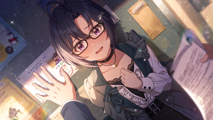 antenna_hair belt bird black_hair blurry blush buttons camera chain choker drawing_(object) faceless game_cg glasses hair_ornament hairclip idolmaster idolmaster_million_live! idolmaster_million_live!_theater_days jewelry kabedon kikuchi_makoto necklace official_art open_clothes paper penguin pov pov_hands purple_eyes scarf