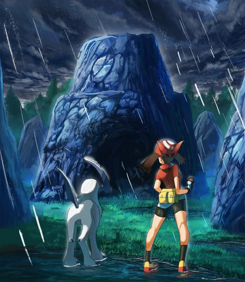 1girl absol bandana bike_shorts black_legwear brown_hair cloud commentary_request fanny_pack from_behind gen_3_pokemon grass highres holding holding_poke_ball kneepits may_(pokemon) nintendo outdoors poke_ball poke_ball_(basic) pokemon pokemon_(creature) pokemon_rse rain red_bandana red_shirt rowdon shirt shoes short_shorts short_sleeves shorts sky socks standing water white_shorts