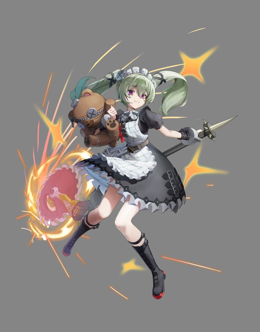 1girl absurdres apron black_boots black_dress boots circular_saw commentary corin_wickes cuffs dress ginlear glowing_hot green_hair grey_background hair_between_eyes highres holding holding_weapon hugging_doll hugging_object knee_boots long_hair looking_at_viewer maid maid_apron maid_headdress puffy_short_sleeves puffy_sleeves purple_eyes saw screw_hair_ornament short_sleeves simple_background solo sparks stuffed_animal stuffed_toy teddy_bear twintails weapon white_apron zenless_zone_zero