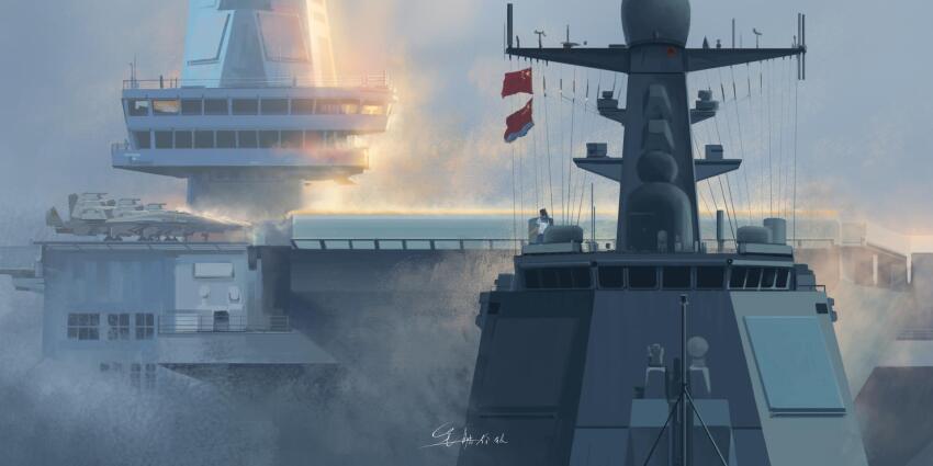 1girl aircraft aircraft_carrier airplane backlighting black_hair fighter_jet flag fog fujian_(aircraft_carrier) highres military military_vehicle original people&#039;s_liberation_army people&#039;s_liberation_army_navy ponytail radome school_uniform serafuku shenyang_j-15 ship shouhui_lang_qun signature solo type_055_destroyer vehicle_focus warship watercraft