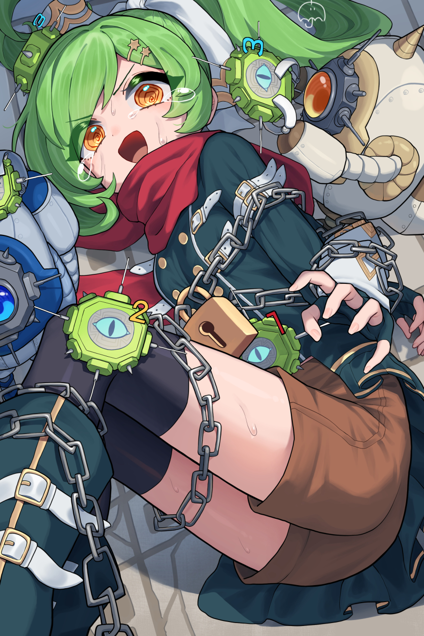1girl @_@ absurdres amagasa bdsm bondage boots bound chain crying crying_with_eyes_open explosive fingerless_gloves gabriel_(monster_strike) gloves green_hair hair_ornament hairclip hat highres long_hair long_sleeves looking_at_viewer mine_(weapon) monster_strike open_mouth robot scarf solo tears thighhighs yellow_eyes