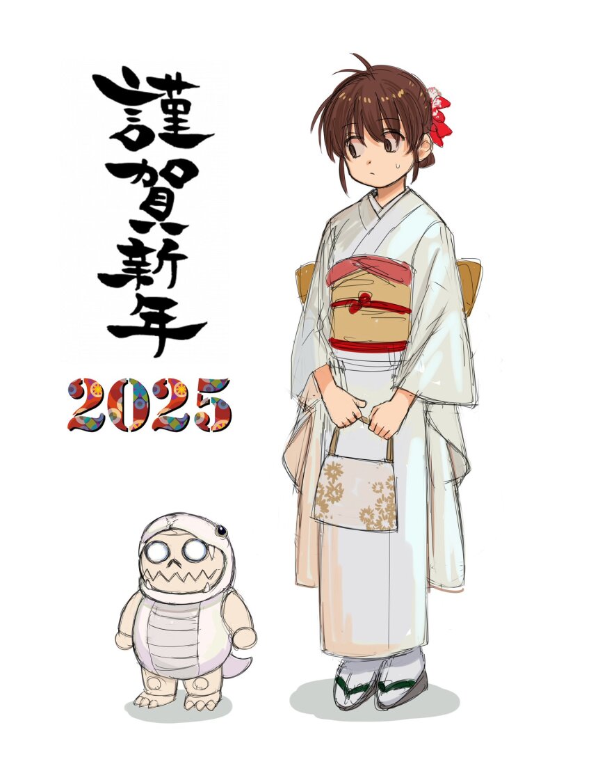 1girl 2025 bag braid chibi full_body highres holding holding_bag ichigaya_sumire japanese_clothes kimono lizard_tail monster new_year rai_rai_rai simple_background sweatdrop tail worried yoshiaki_kei yukata