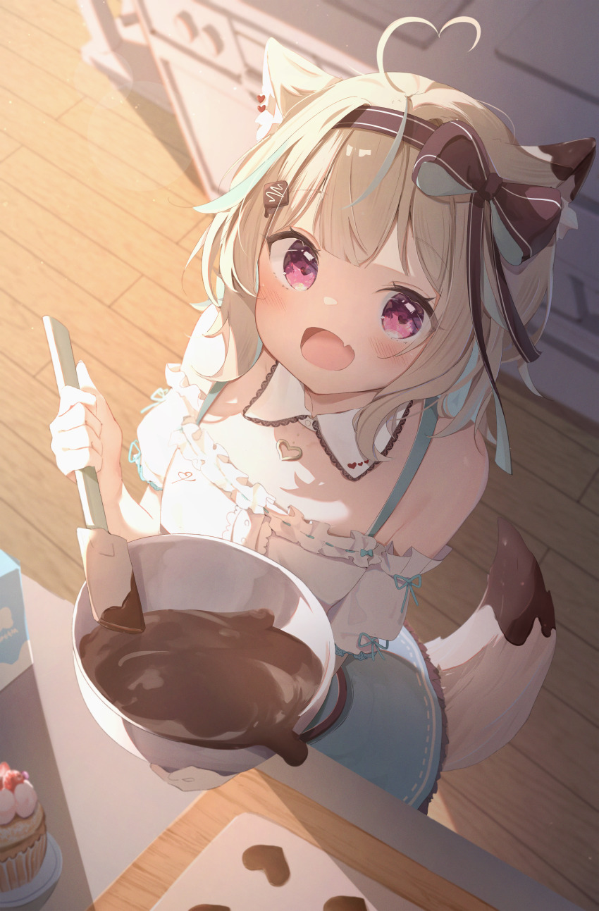 1girl :d absurdres ahoge amakami_konomi animal_ear_fluff animal_ears blue_hair blush bow bowl breasts chocolate detached_collar fang food frills hair_bow hair_ornament hairband heart highres holding indoors kitchen looking_at_viewer million_production mixing_bowl multicolored_hair off-shoulder_shirt off_shoulder open_mouth purple_eyes seboneko shirt skirt smile solo spatula tail virtual_youtuber white_shirt wooden_floor