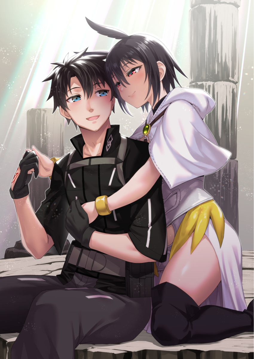 1boy 1girl armor armored_dress black_gloves black_hair black_shirt blue_eyes bracelet capelet command_spell commission dress english_text fate/grand_order fate_(series) fujimaru_ritsuka_(male) fujimaru_ritsuka_(male)_(polar_chaldea_uniform) gloves grey_pants head_wings hetero highres holding_hands hood hooded_capelet jewelry looking_at_another ono_misao open_mouth ortlinde_(fate) pants red_eyes shirt short_hair sitting thighs valkyrie_(fate) white_capelet white_dress wings