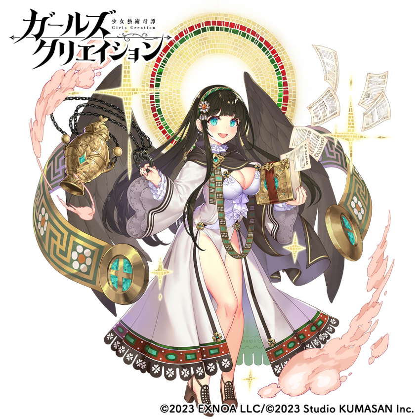 1girl black_hair blue_eyes blush book breasts cleavage cloud commentary_request dress earrings flower full_body girls_creation hair_flower hair_ornament headband highres jewelry kuro_chairo_no_neko large_breasts legs long_hair looking_at_viewer mianu_(girls_creation) official_art paper shoes simple_background solo white_background wings