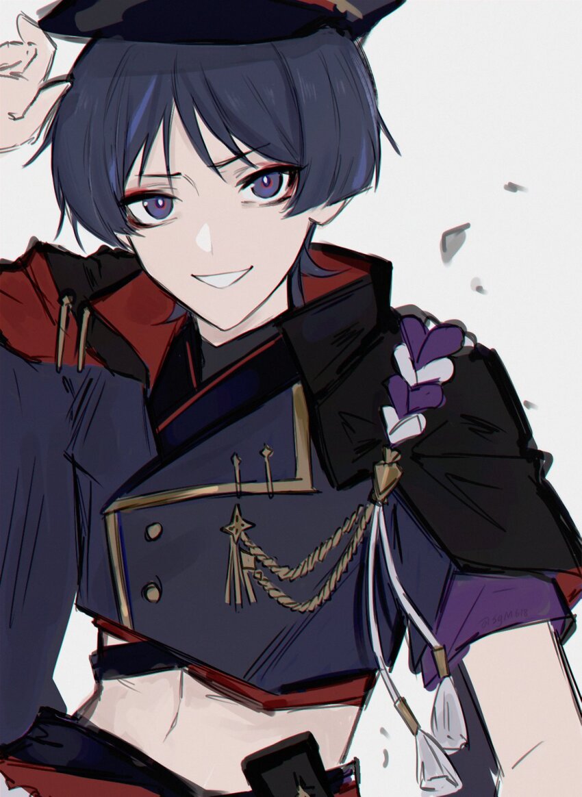 1boy aiguillette alternate_costume black_cloak black_hair black_hat black_jacket black_sleeves blunt_ends bright_pupils cloak cropped_jacket eyeliner eyeshadow genshin_impact hat high_collar highres jacket lapels layered_sleeves looking_at_viewer makeup male_focus midriff multicolored_hair navel open_mouth peaked_cap purple_rope purple_sleeves red_eyeliner red_eyeshadow rope scaramouche_(genshin_impact) sgm618 shimenawa short_sleeves smile solo streaked_hair suit_jacket tassel tsurime twitter_username two-sided_cloak two-sided_fabric white_background white_mouth white_pupils white_rope wispy_bangs