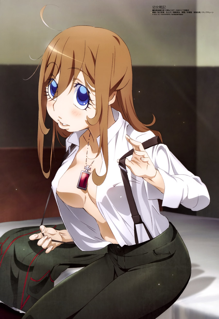10s 1girl absurdres blue_eyes breasts breasts_apart brown_hair female_focus highres jewelry long_hair medium_breasts megami_magazine necklace no_bra official_art open_clothes open_shirt parted_lips shirt solo suspenders taniguchi_hiromi undressing viktoriya_ivanovna_serebryakov youjo_senki