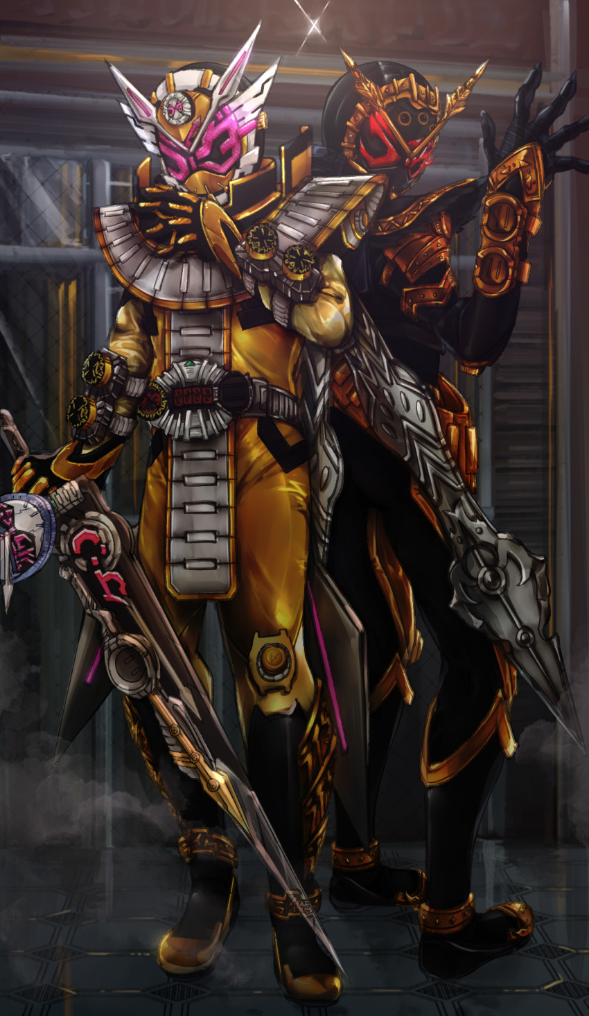 2boys absurdres alternate_costume armor back-to-back black_armor black_bodysuit black_footwear bodysuit boots clock_hands cowboy_shot future gold_trim head_wings highres kamen_rider kamen_rider_zi-o kamen_rider_zi-o_(series) kamen_rider_zi-o_ouma kamen_rider_zi-o_the_movie:over_quartzer katakana loincloth multiple_boys official_alternate_costume ouma_zi-o ouma_zi-o_rider_watch pink_eyes red_eyes rider_watch saikyo_zikan_girade shoulder_armor starkero sword tokusatsu trait_connection weapon wings ziku_driver