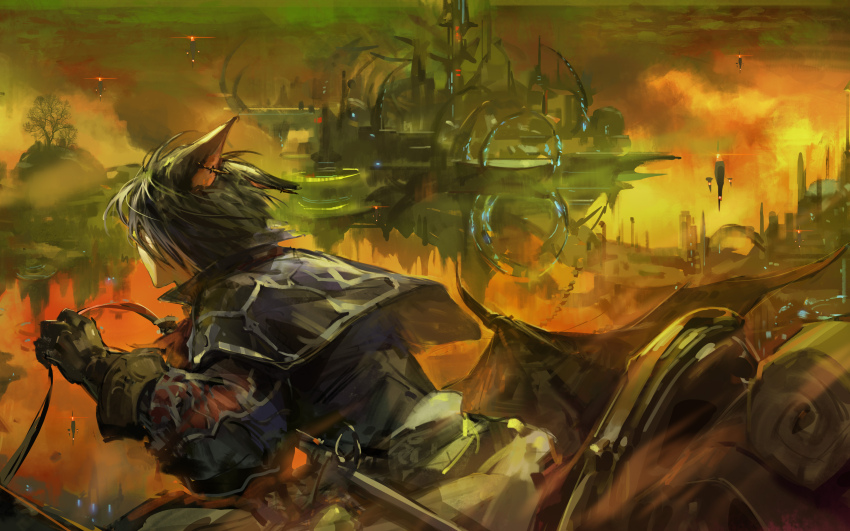1boy 1other absurdres aircraft airship animal_ears bare_tree beacon black_gloves black_hair building cat_boy cat_ears chinese_commentary commentary dragon riding_dragon dragon_wings facing_ahead facing_away final_fantasy final_fantasy_xiv floating_island flying from_side gloves highres holstered male_focus midair midgardsormr_(final_fantasy) nyalink pollution purple_robe rapier riding robe saddle scene_reference short_hair sword tree warrior_of_light_(ff14) weapon wings