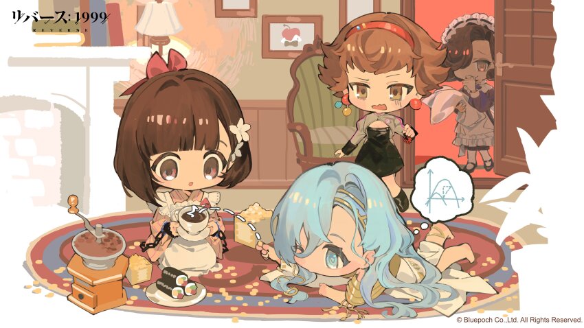 37_(reverse:1999) 4girls :d absurdres ancient_greek_clothes apple_(reverse:1999) apron barefoot beans black_dress black_footwear black_hair blanket blue_eyes blue_hair blunt_bangs bob_cut book bow brown_eyes brown_hair carpet chair chibi cleavage_cutout clothing_cutout coffee coffee_grinder copyright_name copyright_notice covering_own_mouth cuffs cup dress earrings ehoumaki fireplace flower food full_body greco-roman_clothes grey_sleeves hair_between_eyes hair_bow hair_flower hair_ornament hair_over_one_eye hairband hand_over_own_mouth hand_up highres holding holding_blanket holding_saucer indoors japanese_clothes jewelry kimono legs_up logo long_hair long_sleeves lying maid maid_headdress makizushi mamemaki masu mesmer_jr. multiple_girls official_art on_stomach one_eye_closed open_door open_mouth parabola pink_kimono pinstripe_kimono pinstripe_pattern plate purple_dress red_bow red_hairband reverse:1999 satsuki_(reverse:1999) saucer seiza setsubun short_hair sitting smile soybean speech_bubble striped_clothes striped_kimono sushi swaddled the_pose thinking thought_bubble throwing toga tuesday_(reverse:1999) vertical-striped_clothes vertical-striped_kimono very_long_hair wa_maid wall_lamp white_apron white_flower yellow_eyes