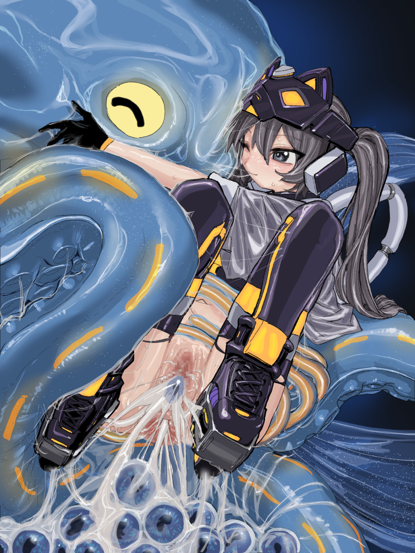 1boy 1girl after_anal after_vaginal aftersex anal anal_object_insertion anus ass belly black_eyes black_hair big_belly blue_background blush bukkake censored crop_top cum cum_in_ass cum_in_pussy cum_on_body cum_on_lower_body egg egg_laying feet feet_up gloves hair_between_eyes hair_ornament highres hug i:p_masquerena legs long_hair looking_at_another looking_to_the_side mask mask_on_head midriff monster mosaic_censoring navel no_panties object_insertion orrdriver ovipositor pants pussy pussy_juice roller_skates saliva saliva_trail sidelocks simple_background skates skin_tight smile stomach stomach_bulge straddling sweat sweatdrop tentacle_pit tentacle_sex tentacles thighs torn_clothes torn_pants twintails underworld_egg_clutch yu-gi-oh!