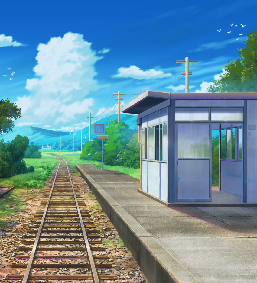 bird blue_sky building bush cloud commentary_request cumulonimbus_cloud day highres landscape mountainous_horizon no_humans original outdoors power_lines railroad_tracks rural scenery sign sky train_station train_station_platform tree utility_pole vanishing_point window yosanann