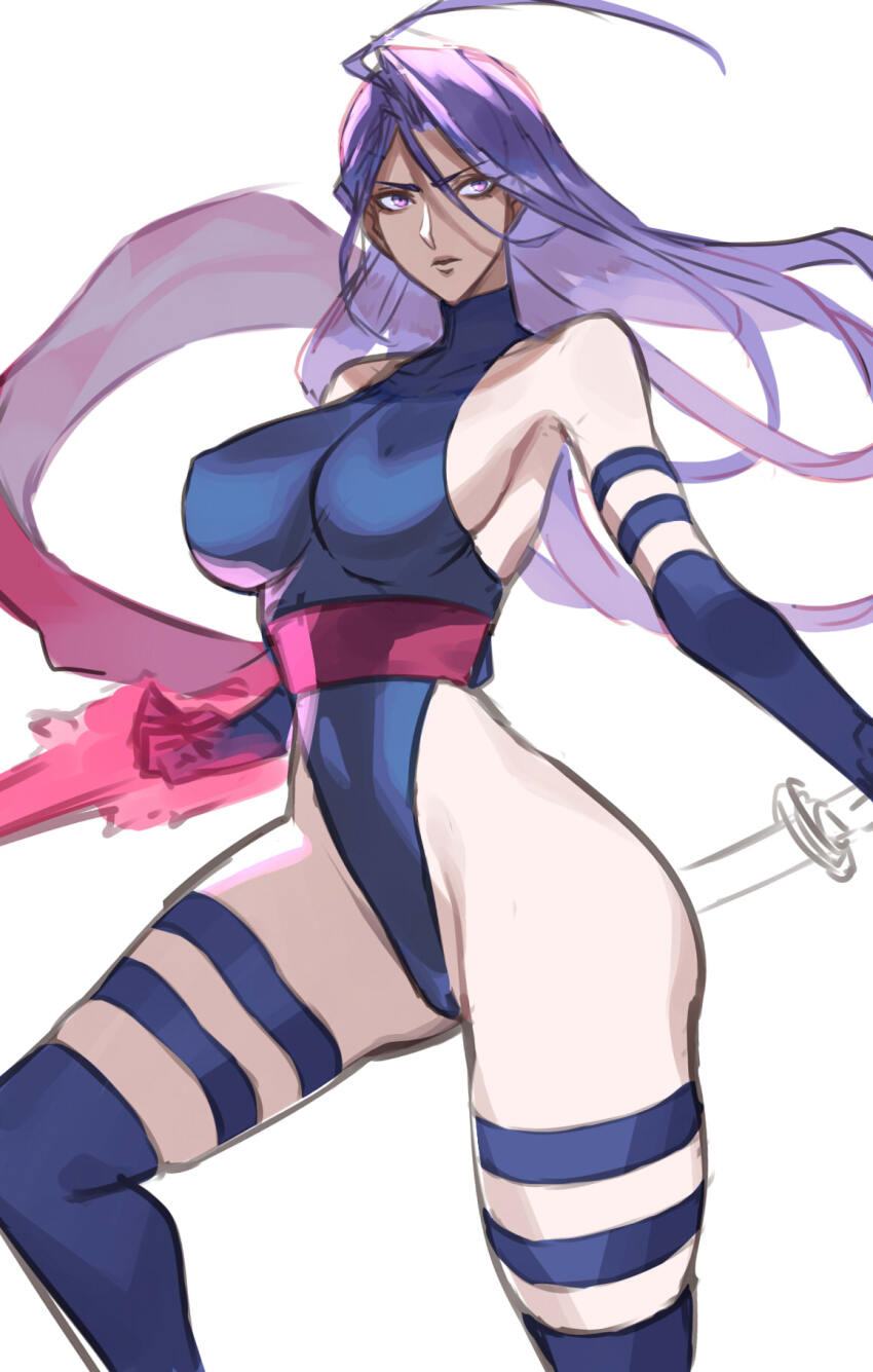 1girl arm_blade bare_shoulders blue_leotard breasts covered_erect_nipples cowboy_shot curvy energy_sword highleg highleg_leotard highres large_breasts leotard long_hair marvel psylocke purple_eyes purple_hair revealing_clothes shiny_skin simple_background sketch solo sword thong_leotard ukimukai weapon white_background wide_hips x-men