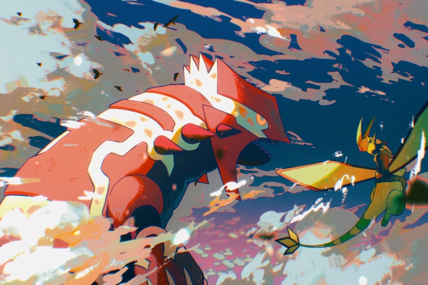 1girl cloud flygon flying gen_3_pokemon groudon legendary_pokemon may_(pokemon) nintendo open_mouth orange_eyes pokemon pokemon_(creature) pokemon_oras primal_groudon riding riding_pokemon sharp_teeth spikes teeth wulie_errr