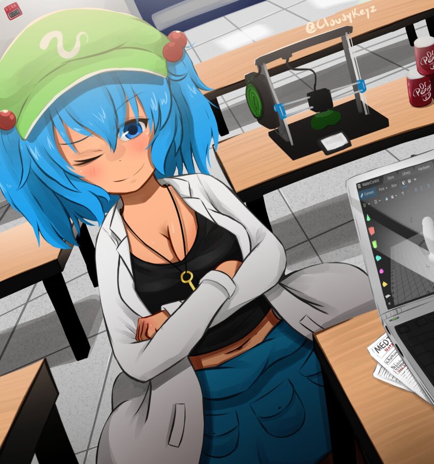 1girl 3d_printer ;) adapted_costume black_tank_top blue_eyes blue_hair blue_skirt breasts cabbie_hat can cleavage closed_mouth cloudykeyz commentary computer crossed_arms device dildo drink_can english_commentary fire_alarm hat highres kawashiro_nitori lab_coat laptop large_breasts looking_at_viewer machinery midriff navel one_eye_closed paper pocket sex_toy short_hair skirt smile soda_can solo table tank_top touhou twitter_username