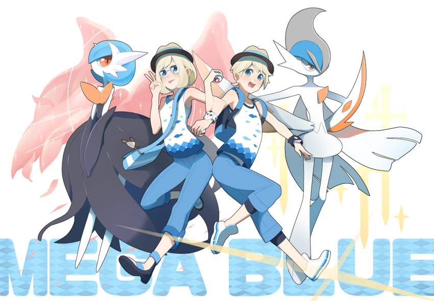 1boy 1girl alternate_color arm_blade backpack bag black_dress black_gloves blonde_hair blue_eyes blue_pants brown_hat cape dress elbow_gloves elio_(pokemon) gallade gardevoir gen_3_pokemon gen_4_pokemon glasses gloves hat mega_gallade mega_gardevoir mega_pokemon mubo nintendo open_mouth orange_eyes pants pokemon pokemon_(creature) pokemon_sm selene_(pokemon) shiny_pokemon shoulder_bag smile tongue tongue_out weapon white_cape