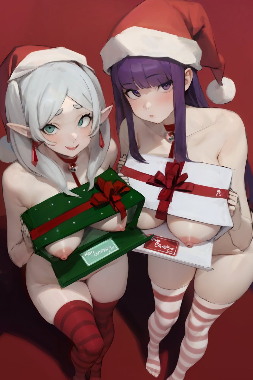 2girls absurdres alternate_breast_size bow box breasts breasts_in_a_box christmas commentary earrings elf english_commentary fern_(sousou_no_frieren) floating_earring frieren fur-trimmed_headwear fur_trim gift gift_box green_eyes grey_hair hat highres holding holding_box jewelry large_breasts long_hair looking_at_viewer merry_christmas multiple_girls nipples nude open_box open_mouth pointy_ears pom_pom_(clothes) purple_eyes purple_hair red_headwear red_thighhighs ribbon santa_hat smewed smile sousou_no_frieren standing straight_hair striped_clothes striped_thighhighs thighhighs twintails white_thighhighs