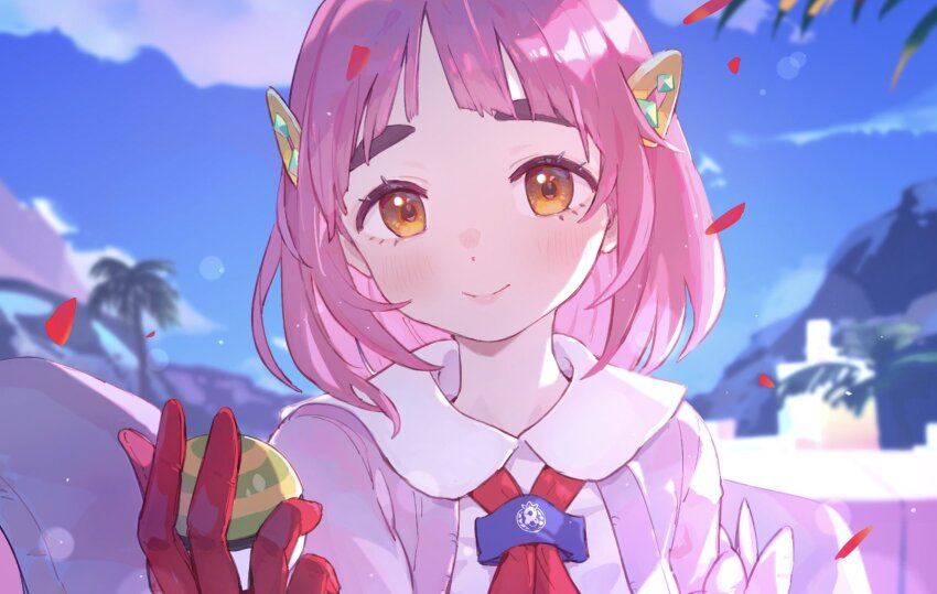 1girl blurry blurry_background blush brown_eyes cardigan closed_mouth cloud collared_shirt commentary_request day eyelashes falling_petals gloves hair_ornament hairclip hand_up highres holding holding_poke_ball lacey_(pokemon) looking_at_viewer medium_hair nest_ball nintendo open_cardigan open_clothes outdoors petals pink_hair poke_ball pokemon pokemon_sv purple_cardigan red_gloves shirt sky smile solo upper_body white_shirt yosame0a