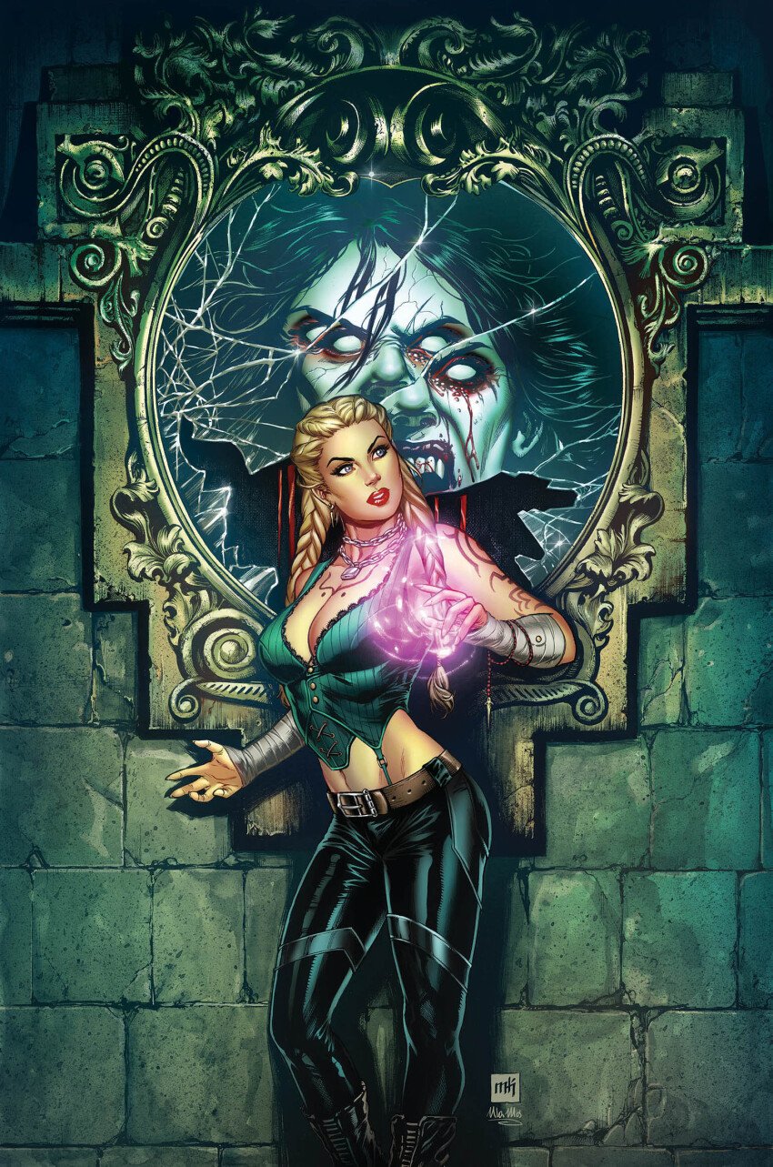 1boy 1girl artist_collaboration black_pants blonde_hair blue_eyes braid breasts broken_mirror cleavage different_reflection gretel_(zenescope) highres jewelry long_hair looking_to_the_side mike_krome mirror necklace pants red_lips reflection stone_wall twin_braids ula_mos vampire zenescope
