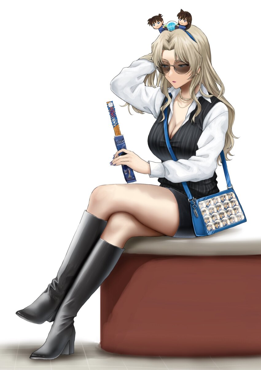 1girl bag black_boots black_skirt blonde_hair blue_hairband boots breasts character_doll cleavage closed_mouth commentary_request crossed_legs full_body hairband hand_up handbag highres kudou_shin&#039;ichi large_breasts long_hair long_sleeves meitantei_conan mouri_ran red_lips shirt simple_background sitting skirt solo sunglasses thigh_boots tsukumo_momo vermouth_(meitantei_conan) white_background white_shirt