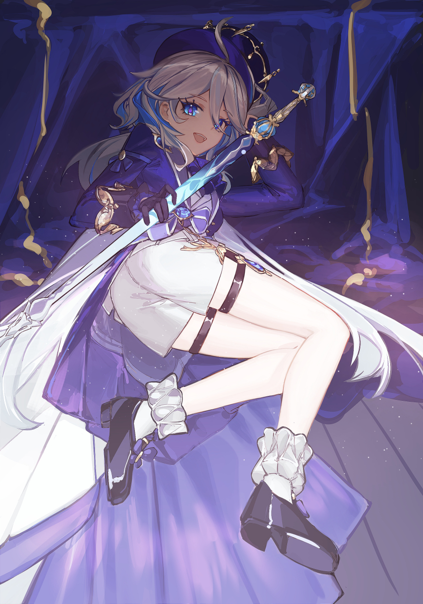 1girl :d absurdres arm_support ascot ass asymmetrical_gloves black_gloves black_shoes blue_ascot blue_bow blue_eyes blue_gemstone blue_hair blue_hat blue_jacket bow commentary_request fang_bai_doufu_wu full_body furina_(genshin_impact) gem genshin_impact gloves hat highres holding holding_sword holding_weapon jacket long_hair long_sleeves looking_at_viewer lying mismatched_gloves multicolored_hair on_side open_mouth shoes shorts smile socks solo sword thigh_strap top_hat weapon white_gloves white_hair white_shorts white_socks