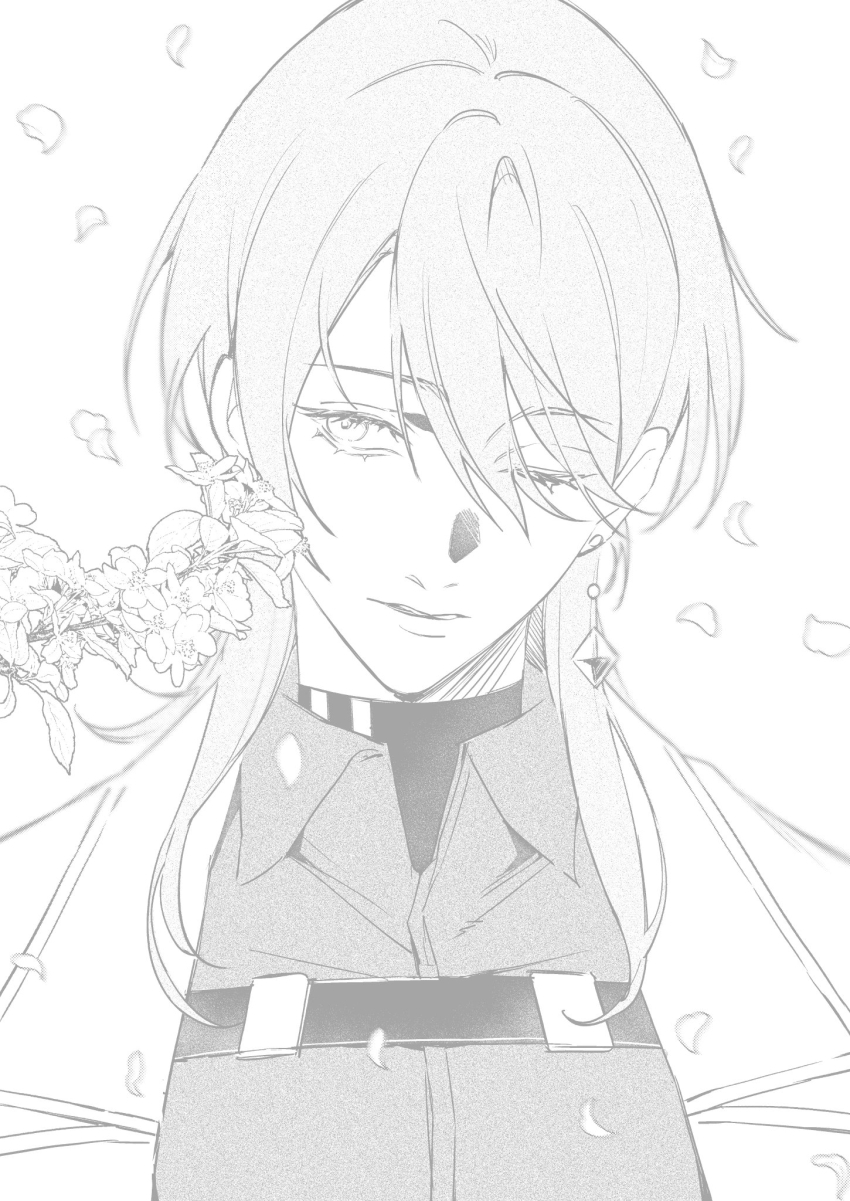 1girl branch cherry_blossoms chest_belt chief_(path_to_nowhere) coat collared_coat collared_shirt diamond_earrings earrings expressionless eyelashes female_chief_(path_to_nowhere) greyscale hair_between_eyes highres jewelry lapels long_hair looking_to_the_side monochrome notched_lapels one_eye_closed open_clothes open_coat parted_lips path_to_nowhere petals shirt simple_background single_earring solo toho10min turtleneck undershirt upper_body white_background