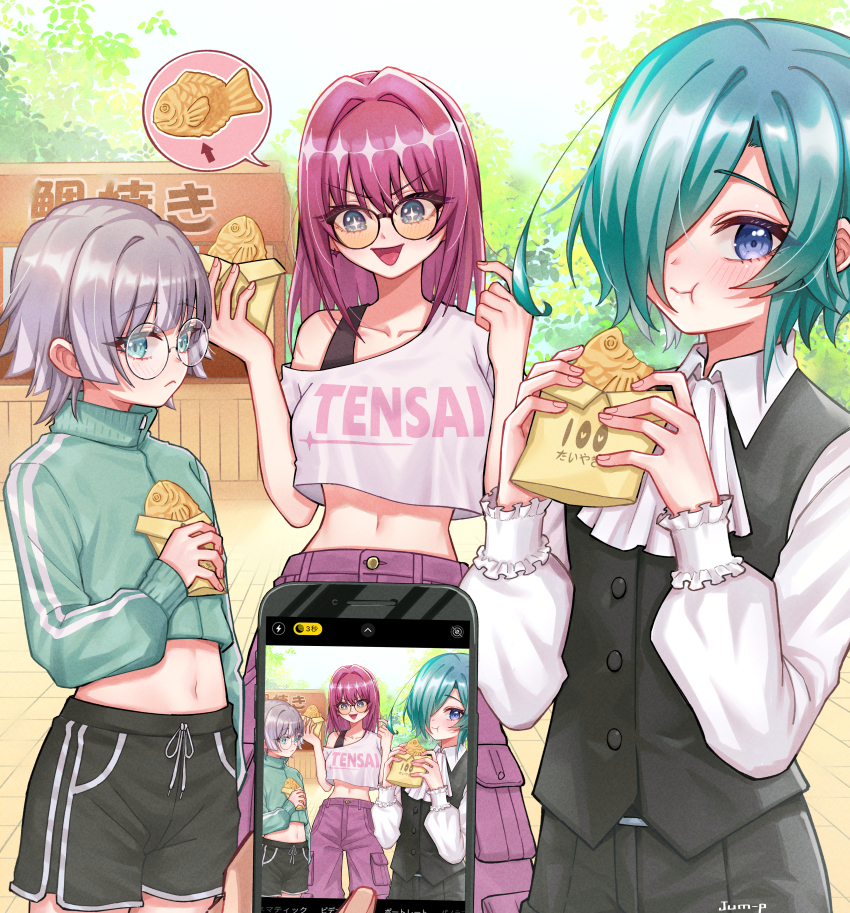 +_+ 3girls :d :t absurdres aqua_eyes aqua_hair ascot black_shorts black_vest blue_eyes clothes_writing collarbone commentary crop_top day eating eyes_visible_through_hair food glasses grey_hair hair_intakes hifumi_suu highres holding holding_phone jjum_pp kimi_no_koto_ga_dai_dai_dai_dai_daisuki_na_100-nin_no_kanojo long_hair long_sleeves midriff multiple_girls nakaji_uto navel off-shoulder_shirt off_shoulder open_mouth outdoors pants phone pink_pants pov pov_hands puffy_long_sleeves puffy_sleeves round_eyewear saiki_himeka shirt short_hair short_shorts shorts single_off_shoulder smile spoken_object taiyaki vest wagashi white_ascot white_shirt wing_collar