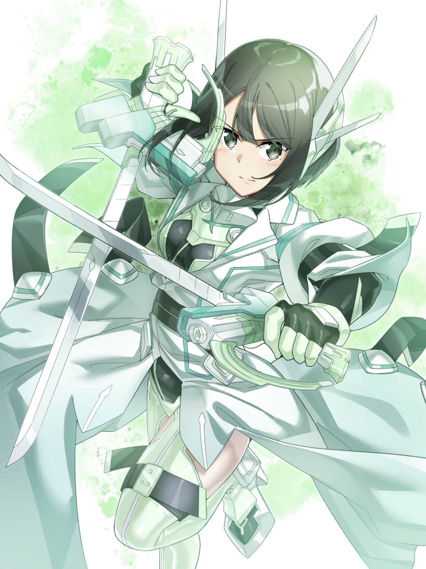 armor black_hair dual_wielding grey_eyes highres holding kusunoki_mebuki kusunoki_mebuki_wa_yuusha_de_aru masabou sentinel_(yuusha_de_aru) serious short_hair sword thighhighs weapon yuuki_yuuna_wa_yuusha_de_aru yuusha_de_aru
