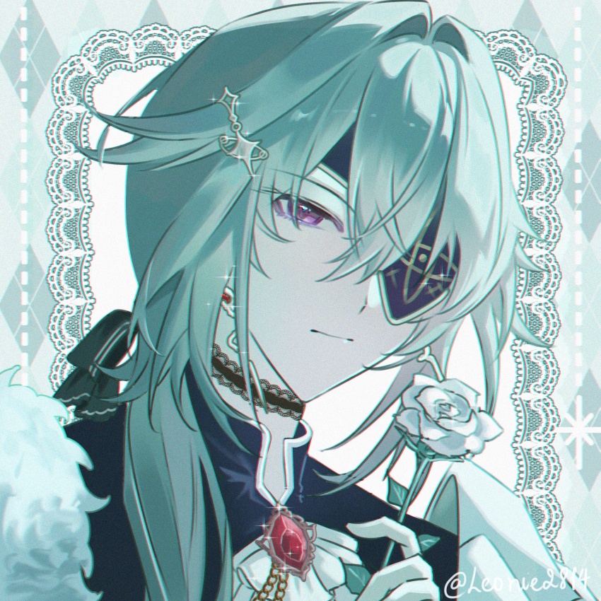1boy alternate_costume anaxa_(honkai:_star_rail) aqua_hair closed_eyes closed_mouth eyepatch flower gem half-closed_eyes highres holding holding_flower honkai:_star_rail honkai_(series) leonie28 looking_at_viewer male_focus medium_hair one_eye_covered pink_eyes red_gemstone rose side_ponytail solo twitter_username upper_body white_flower white_rose