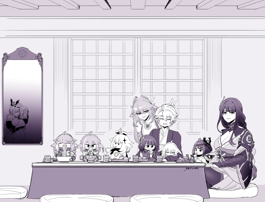 1boy 6+girls absurdres aepuru_arts aether_(genshin_impact) animal_ears bowl breasts bunny_ears_prank camera commentary eating english_commentary food fox_ears fox_girl genshin_impact greyscale hair_ornament halo harem highres holding holding_camera if_they_mated indoors japanese_clothes kimono kujou_sara large_breasts long_hair mask mask_on_head mirror monochrome multiple_girls noodles obi obiage obijime paimon_(genshin_impact) raiden_shogun reflection sash shirt shrug_(clothing) sitting smile taking_picture thighhighs v yae_miko