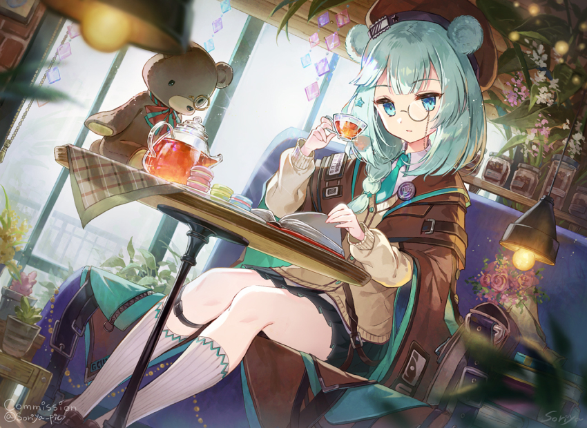 1girl animal_ears ankle_boots aqua_eyes aqua_necktie arknights backpack bag bear_ears bear_girl beret black_skirt blanket blurry blurry_foreground book book_stack boots bouquet bow bowtie braid brick_wall brown_boots brown_hat brown_jacket collared_shirt commentary commission couch cup flower food full_body green_bow green_bowtie hanging_light hat holding holding_cup indoors istina_(arknights) istina_(bibliosmia)_(arknights) jacket jar kneehighs looking_at_viewer macaron monocle necktie official_alternate_costume open_book open_clothes open_jacket plant plate pleated_skirt red_bow red_bowtie shirt short_braid short_hair side_braid sitting skirt socks solo soriya stuffed_animal stuffed_toy sweater sweater_vest teacup teapot teddy_bear twitter_username two-tone_bow two-tone_bowtie white_shirt white_socks window window_blinds yellow_sweater