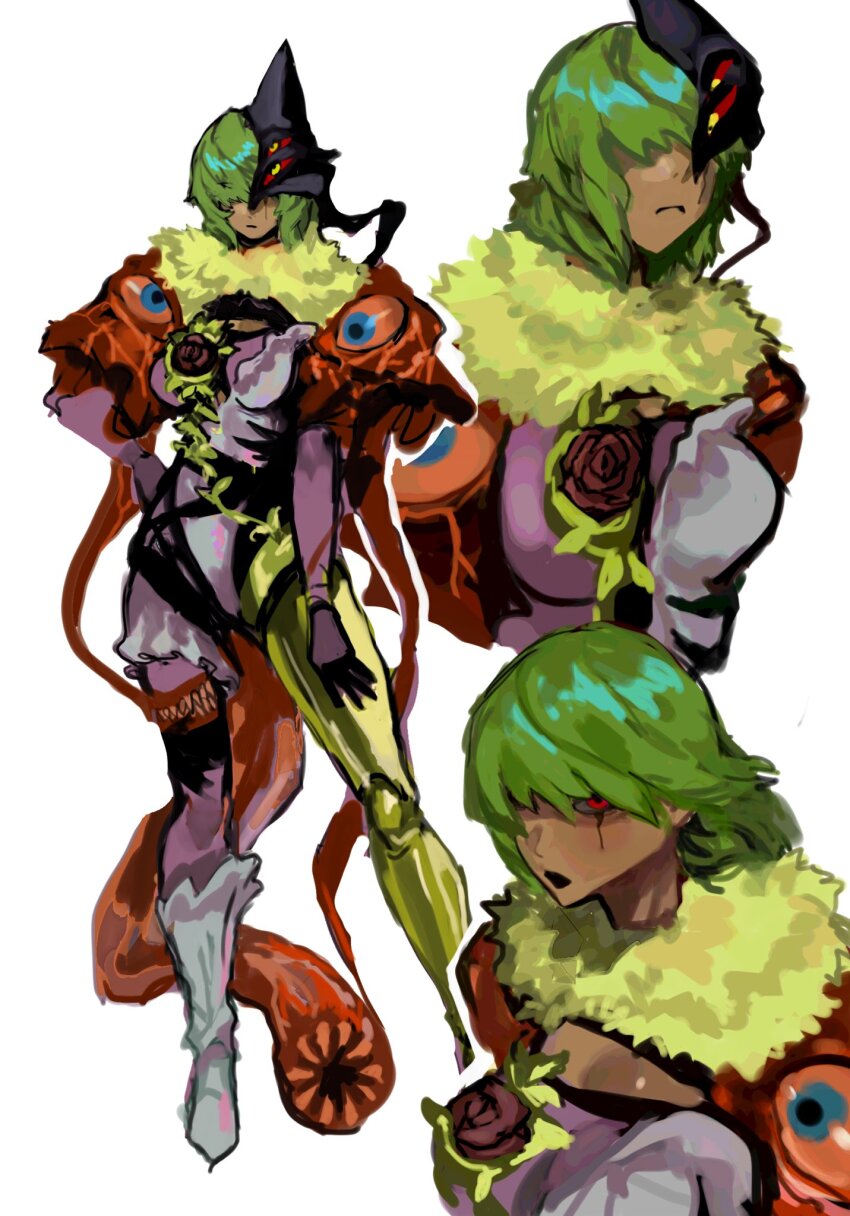 1girl armor dark-skinned_female dark_skin extra_eyes extra_mouth flower gold greaves hair_over_eyes head_ornament highres looking_at_viewer mechanical_legs orange_hair original rose scar scar_on_face sfour_s4 simple_background single_mechanical_leg solo tail white_background