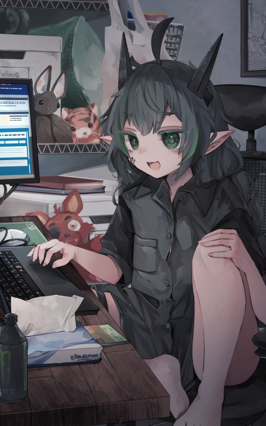 1girl absurdres black_horns braid chair character_doll commission computer computer_mouse doll elf elfinpsyop facial_mark five_nights_at_freddy&#039;s foxy_(fnaf) green_eyes green_hair grey_shirt highres horns indie_virtual_youtuber indoors knee_up laptop long_hair monitor multicolored_hair nanana_(nanana_iz) on_chair open_mouth pointy_ears second-party_source shirt sitting skeb_commission solo streaked_hair stuffed_animal stuffed_toy tissue_box twin_braids virtual_youtuber