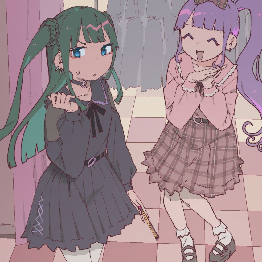 2girls :d :o alternate_costume bad_id bad_twitter_id black_choker black_dress black_footwear black_ribbon blue_eyes blunt_bangs blunt_ends brown_skirt choker closed_eyes collared_dress collared_shirt commentary_request curtains dress earrings green_hair hand_up hands_up highres indoors jewelry jirai_kei kemura_(puripurinea) long_hair long_sleeves looking_at_viewer manaka_non multiple_girls neck_ribbon o-ring o-ring_choker open_mouth pink_shirt plaid_clothes plaid_skirt pretty_series pripara purple_hair ribbon shirt shoes skirt smile standing sweatdrop tile_floor tiles tsukikawa_chili two_side_up
