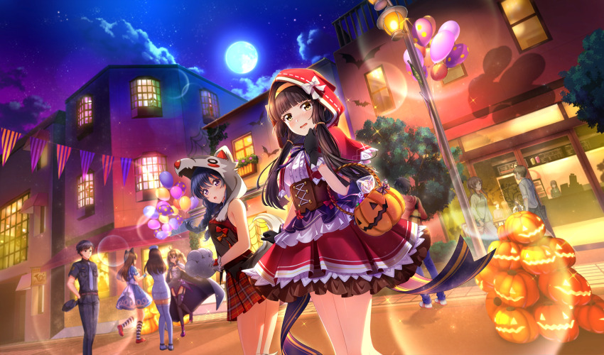 animal_costume animal_hands balloon black_gloves black_hair blue_hair blunt_bangs braid cinderella_series dress dutch_angle fake_tail frilled_dress frills full_moon game_cg gloves hachigatsu_no_cinderella_nine hairband halloween halloween_costume highres hood hood_up jack-o&#039;-lantern kondou_saki lens_flare long_hair looking_at_viewer low_twin_braids low_twintails moon multiple_girls night night_sky non-web_source official_alternate_hairstyle official_art open_mouth outdoors paw_gloves pennant plaid_clothes plaid_skirt purple_eyes red_hood red_skirt shirt shy skirt sky sleeveless sleeveless_shirt solo_focus sparkle string_of_flags tail tsukishima_yui_(hachigatsu_no_cinderella_nine) twin_braids twintails wavy_mouth wolf_costume wolf_paws wolf_tail yellow_eyes yellow_hairband