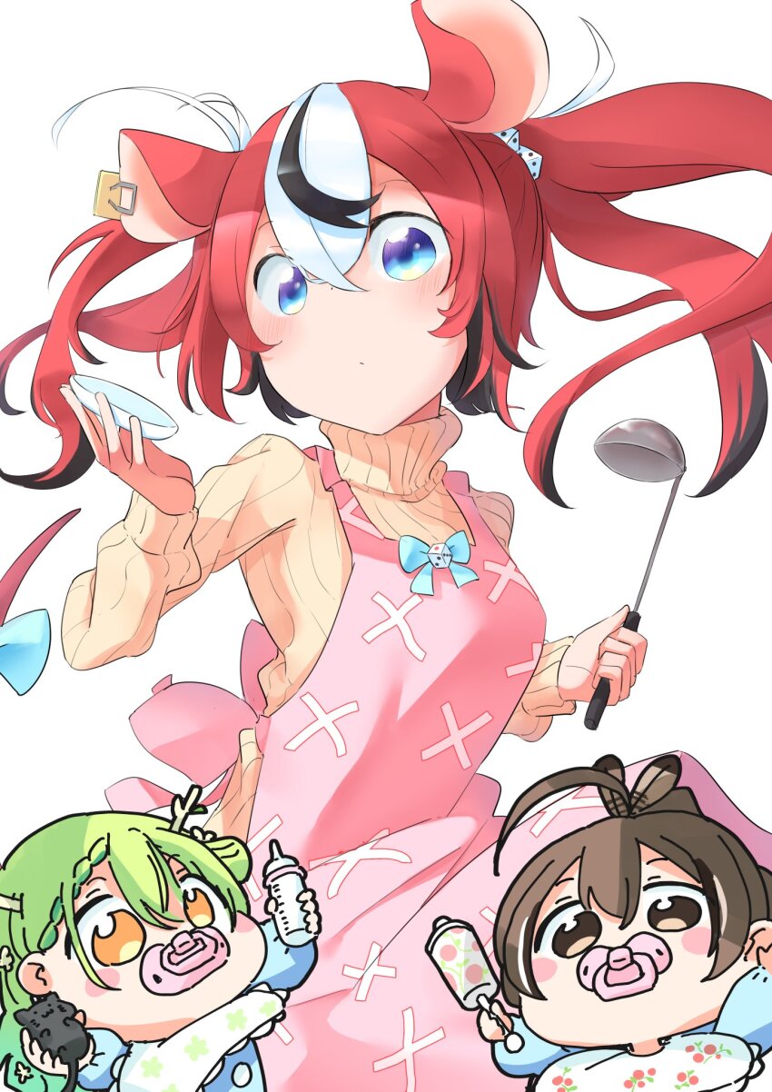 aged_down ahoge animal animal_ears antlers apron baby baby_bottle bib black_cat black_hair blue_eyes bottle braid brown_eyes brown_hair cat ceres_fauna chibi chiisai dice dice_hair_ornament feather_hair_ornament feathers green_hair hair_ornament hakos_baelz highres holding holding_animal holding_bottle holding_ladle holding_plate hololive hololive_english horns ladle mouse_ears multicolored_hair nanashi_mumei pacifier plate red_hair single_braid sweater tasting_plate turtleneck turtleneck_sweater twintails virtual_youtuber white_background white_hair yellow_eyes yellow_sweater