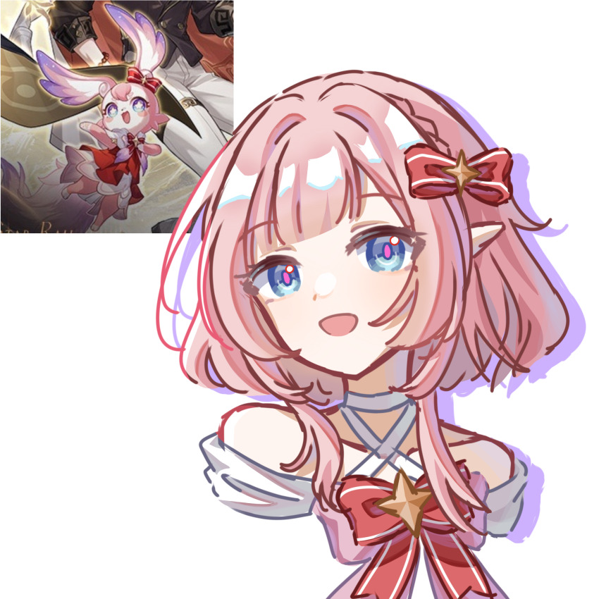 1girl blue_eyes bow bowtie chinese_commentary collarbone commentary_request cosplay cropped_torso cyrene_(honkai:_star_rail) dress game_screenshot_inset hair_ribbon highres honkai:_star_rail honkai_(series) izumi_(lofter_41635481026) mem_(honkai:_star_rail) mem_(honkai:_star_rail)_(cosplay) mem_(star_rail_live_2025)_(honkai:_star_rail) open_mouth pink_hair pink_pupils pointy_ears red_bow red_bowtie red_dress reference_inset ribbon simple_background smile solo white_background