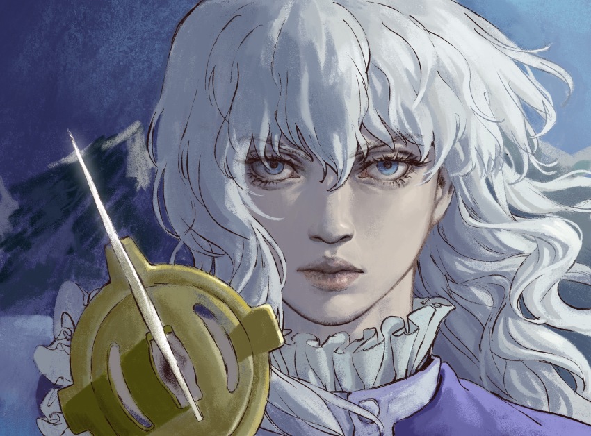 1boy berserk blue_eyes closed_mouth floating_hair frilled_shirt_collar frilled_sleeves frills griffith_(berserk) hair_between_eyes highres holding holding_sword holding_weapon looking_at_viewer male_focus mountain mountainous_horizon outdoors pointing_melee_weapon pointing_sword portrait purple_shirt renjianshige967 saber_(weapon) shirt sky solo straight-on sword wavy_hair weapon white_hair