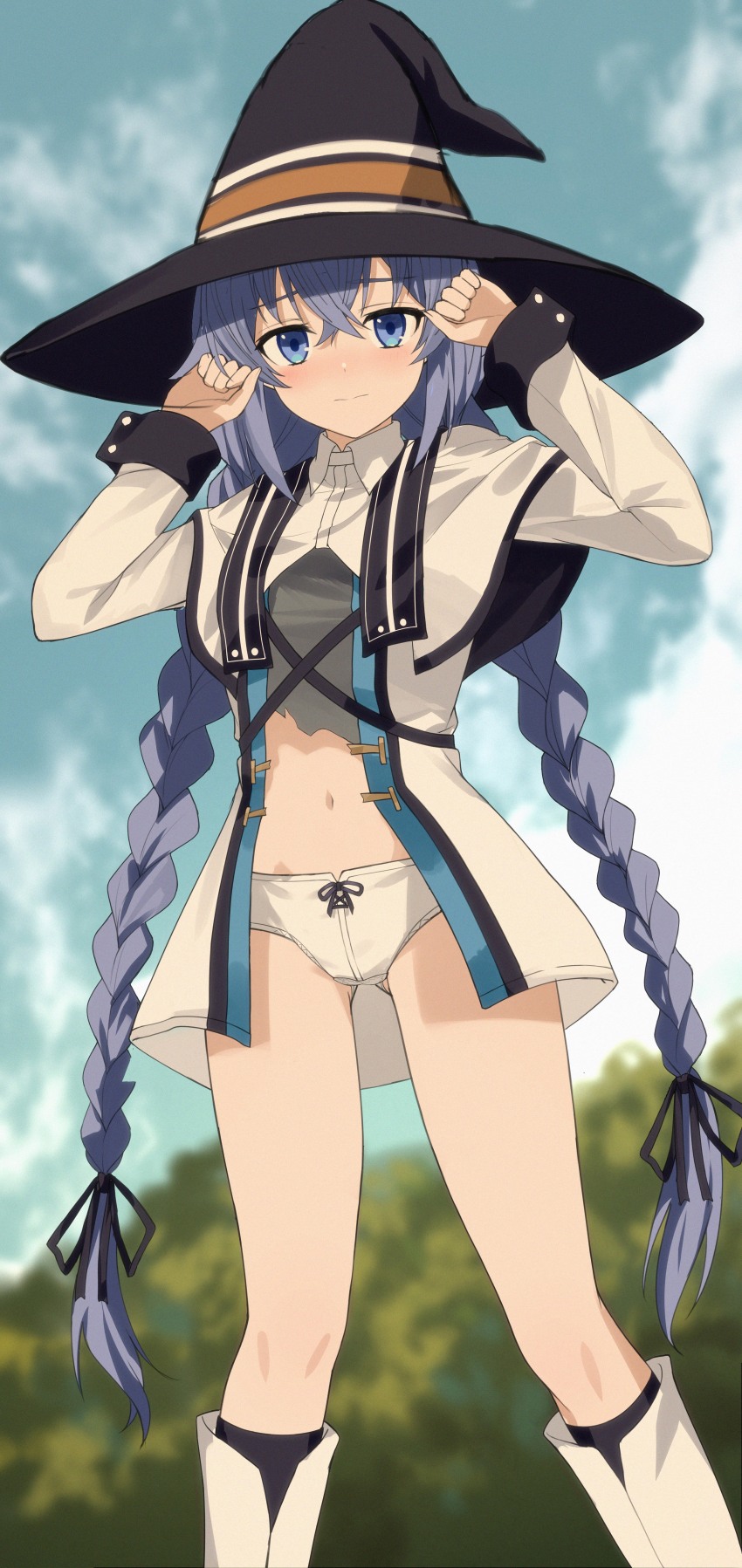 1girl absurdres blue_eyes blue_hair boots bow bow_panties braid capelet closed_mouth cloud cloudy_sky crossed_bangs feet_out_of_frame geez gluteal_fold grey_shirt hair_between_eyes hat highres jacket knee_boots light_blush long_braid long_hair long_sleeves looking_at_viewer mushoku_tensei navel outdoors panties roxy_migurdia shirt sky solo standing torn_clothes torn_shirt twin_braids underwear very_long_hair white_boots white_capelet white_jacket white_panties witch_hat