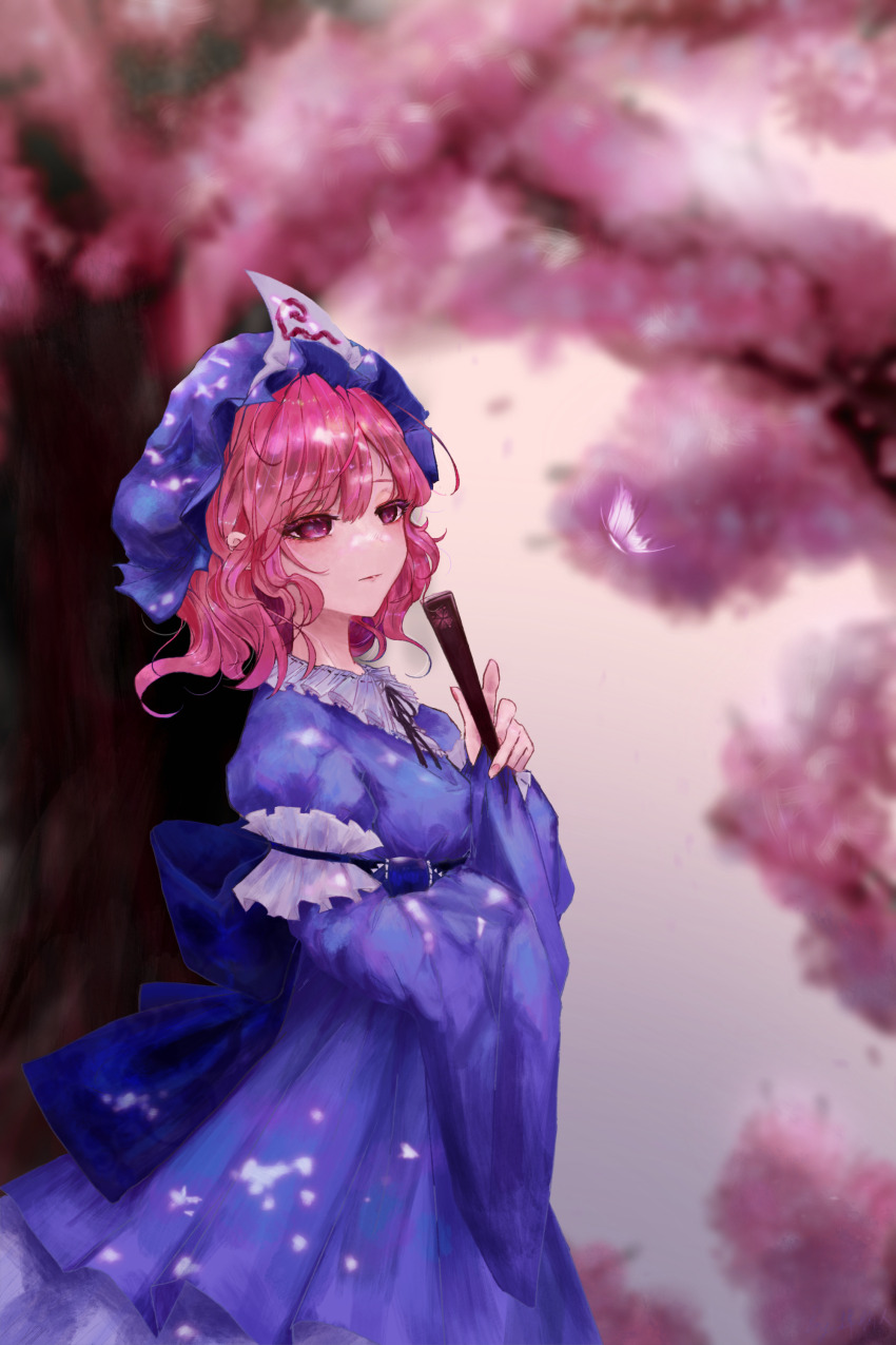 1girl absurdres back_bow blue_bow blue_dress blue_hat blurry blurry_background bow bug butterfly cherry_blossoms chinese_commentary closed_mouth collared_dress commentary_request cowboy_shot diaonaoren dress folded_fan folding_fan hand_fan hat highres holding holding_fan insect long_sleeves medium_hair mob_cap outdoors pink_eyes pink_hair saigyou_ayakashi saigyouji_yuyuko solo touhou tree triangular_headpiece