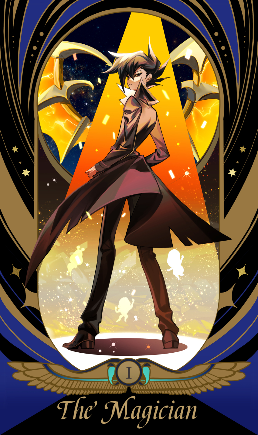 1boy absurdres armed_dragon black_hair black_pants border card_(medium) coat duel_monster english_text from_behind full_body highres looking_back male_focus manjoume_jun ojama_black ojama_green ojama_yellow open_clothes open_coat pants revision roman_numeral short_hair silhouette solo_focus spiked_hair ssbaby standing tarot tarot_(medium) the_magician_(tarot) torn_clothes torn_coat yu-gi-oh! yu-gi-oh!_gx