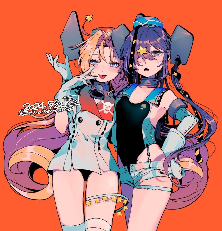 2girls aqua_hat bell black_one-piece_swimsuit blue_eyes breasts coat collar competition_swimsuit dated drum_(kancolle) eto_(etonomemo1008) garrison_cap gloves hair_ornament hair_over_one_eye hair_rings hashtag-only_commentary hat headgear highleg highleg_one-piece_swimsuit highres kantai_collection long_hair metal_collar multiple_girls neck_bell one-piece_swimsuit orange_background orange_hair purple_hair red_hat scamp_(kancolle) shorts side_ponytail skull_print small_breasts standing star_(symbol) star_hair_ornament star_ornament swimsuit swimsuit_under_clothes thighhighs tongue tongue_out twitter_username two-tone_one-piece_swimsuit very_long_hair white_coat white_gloves white_shorts white_thighhighs