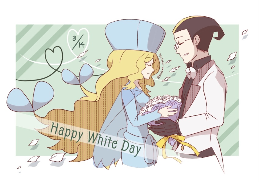1boy 1girl alternate_color black_gloves black_hair blonde_hair blue_dress blue_headwear bouquet bow bowtie caitlin_(pokemon) cape closed_eyes cropped_torso darach_(pokemon) dress flower from_side glasses gloves heart heart_of_string holding holding_bouquet kodama_pokepoke long_hair multicolored_hair nintendo pokemon pokemon_masters_ex see-through_cape two-tone_hair very_long_hair white_day