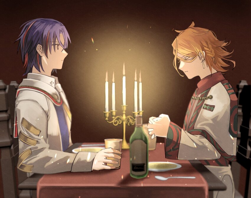 2boys absurdres male_alear_(fire_emblem) blue_hair bottle braid candle candlestand closed_eyes cup earrings fire_emblem fire_emblem_engage highres holding holding_cup jewelry long_sleeves looking_at_another male_focus multicolored_hair multiple_boys nintendo omlililimo orange_hair pandreo_(fire_emblem) praying short_hair wine_bottle