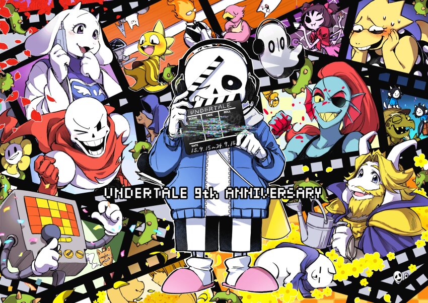 4girls 6+boys ahin_vpv alphys annoying_dog arthropod_girl asgore_dreemurr asriel_dreemurr blood blue_jacket burgerpants chara_(undertale) character_request flowey_(undertale) ghost glasses goat_boy goat_girl grillby happy_anniversary highres insect_girl jacket mad_dummy_(undertale) mettaton mettaton_(box) monster_kid_(undertale) muffet multiple_boys multiple_girls napstablook red_scarf sans_(undertale) scarf spider_girl temmie toriel undertale undyne